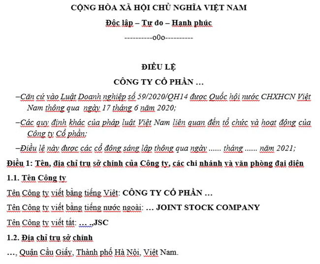 Điều lệ công ty là gì? Mẫu xây dựng điều lệ công ty.