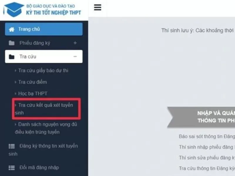 alt: Hướng dẫn chọn mục tra cứu kết quả xét tuyển sinh