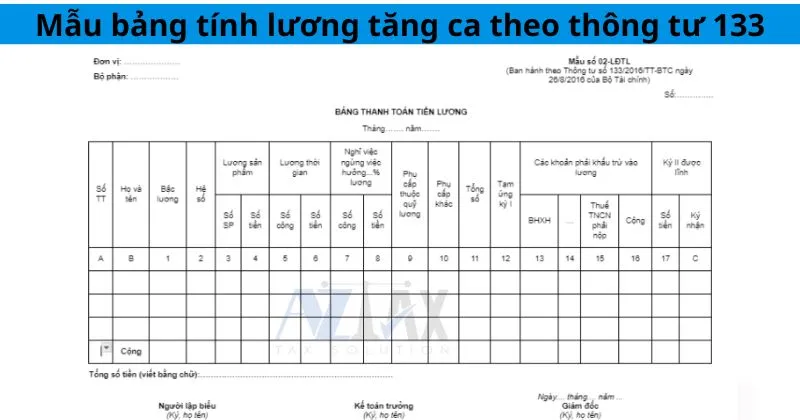 Mẫu bảng tính lương tăng ca theo thông tư 133