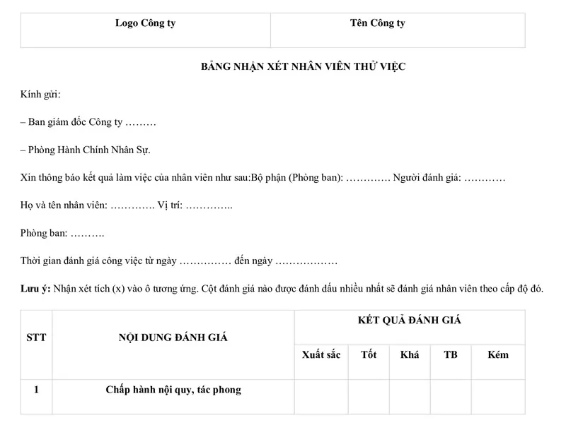 Mẫu form đánh giá nhân viên thử việc tham khảo