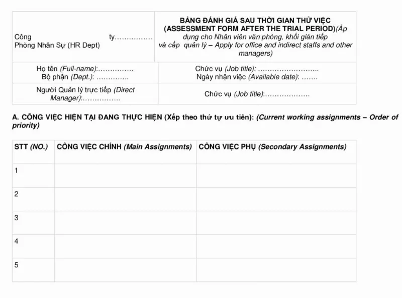 Phiếu đánh giá nhân viên thử việc song ngữ Anh - Việt